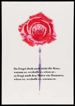 Offsetzeichnung und Buchdruck in 3 Farben von Sigurd Kuschnerus, Titel: "Du fragst doch auch nicht die Rose..." Ed. 31/250