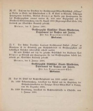 6. Ministerial-Bekanntmachung, den Wechsel in der Hauptagentur der Versicherungs-Aktien-Gesellschaft "Allianz" zu Berlin betreffend