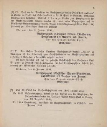 6. Ministerial-Bekanntmachung, den Wechsel in der Hauptagentur der Versicherungs-Aktien-Gesellschaft "Allianz" zu Berlin betreffend
