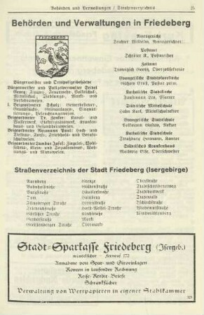 Behörden und Verwaltungen in Friedeberg/Straßenverzeichnis der Stadt Friedeberg (Isergebirge)