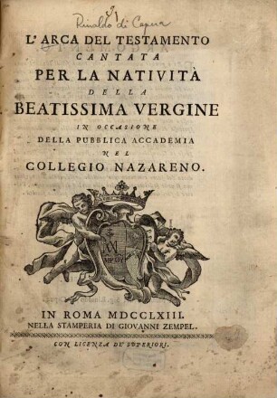 L' Arca del testamento : Cantata per la natività della Beatissima Vergine
