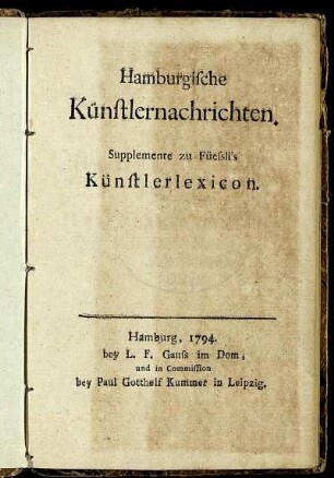 Hamburgische Künstlernachrichten : Supplemente zu Füessli's Künstlerlexicon