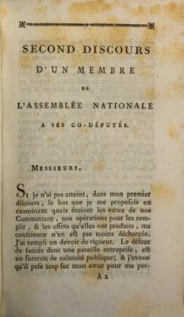 Second discours d'un membre de l'Assemblée Nationale à ses co-députés