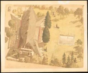 Landhaus, Nyon (Haus Schwebes, zahlreiche Varianten): Gartenplan. Perspektivische Ansicht (Vogelschau)