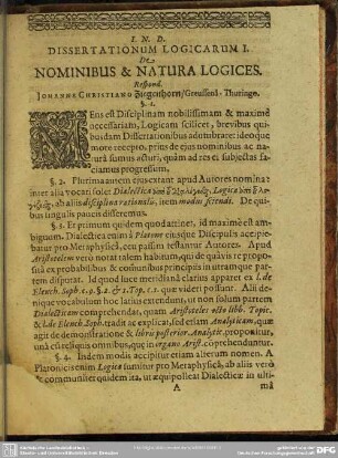 Dissertationum Logicarum I. De Nominibus & Natura Logices