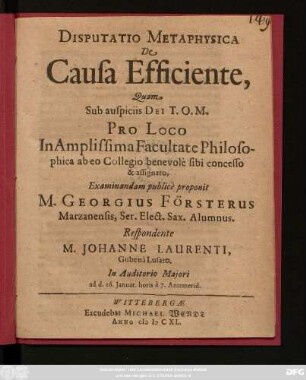 Disputatio Metaphysica De Causa Efficiente