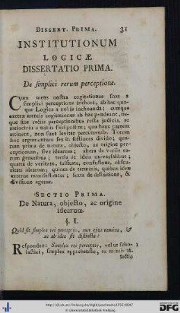Dissertatio Prima. De Simplici Rerum Perceptione.