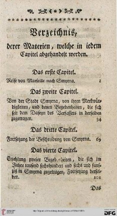 Verzeichnis, derer Materien, welche in iedem Capitel abgehandelt werden