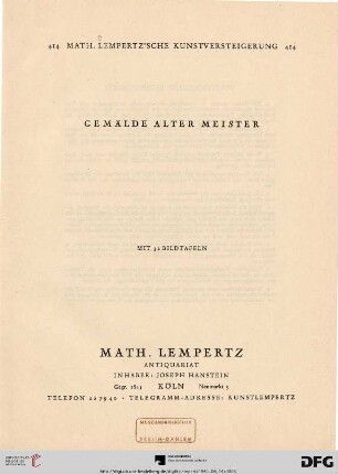 Nr. 414: Math. Lempertz'sche Kunstversteigerung: Gemälde alter Meister : mit 32 Bildtafeln ; [14. Juni 1941]