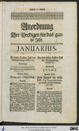 Anordnung der Predigen für das gantze Jahr.