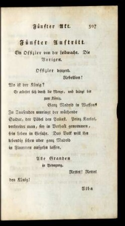 Fünfter Auftritt. Ein Offizier von der Leibwache. Die Vorigen