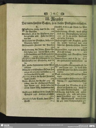 III. Register Der vornehmsten Sachen, so in diesen Predigten enthalten