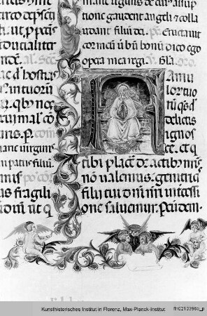 Missale Romanum : Textseite mit Randseitenbordüre, Bordürenstab und historisierter Initiale A: Himmelfahrt Mariens