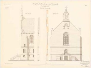 Zellengefängnis, Düsseldorf Männergefängnis: Giebel-, Seitenansicht des Kirchenflügels 1:50