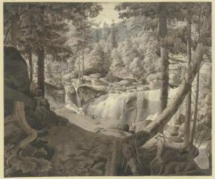 Waldlandschaft mit Wasserfall, im Hintergrund Pilger, über eine Brücke gehend