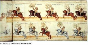 Aufzug zur Fastnacht 1609 in Dresden : Reiteraufzug der wilden Männer, Vorreiter mit Hifthorn. 24. Part, Blatt 53 aus: Abriß und Verzeichnis aller Inventionenen und Aufzüge, welche an Fastnachten Anno 1609 im kurfürstl. Schlosse zu Dresden aufgeführt wurden. Deckfarben; ca. 289 x 527 mm. Dresden: SLUB Mscr.Dresd.J.18