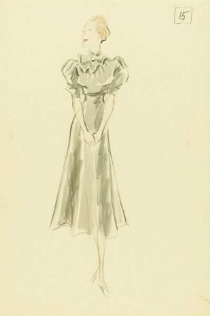 Frau in grauem Kleid mit Puffärmeln
