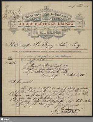 Königlich Sächsische Hof-Pianofortefabrik Julius Blüthner, Leipzig : Rechnung