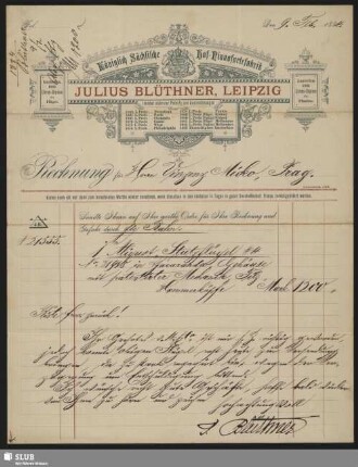 Königlich Sächsische Hof-Pianofortefabrik Julius Blüthner, Leipzig : Rechnung