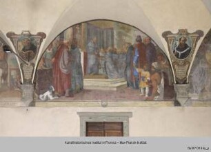 Freskenzyklus mit Darstellungen zu den Ursprüngen des Servitenordens : Buonfiglio Monaldi übergibt das Amt des Ordensgenerals an Buonagiunta Manetti (1255)