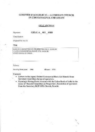 RANCHI COMMITTEE ON PROPERTIES, GEL CHURCH RANCHI UNITED COMMERCIAL BANK LTD., RANCHI UNION BANK OF INDIA