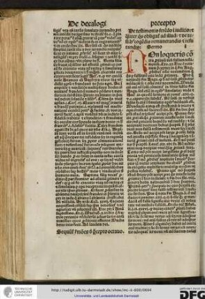 Non loqueris contra proximum tuum... Exo xx. Hoc est octavum preceptum in quo secundum Augustinum prohibetur omne nocumentum quo quis per falsitatem oris ledit proximum.