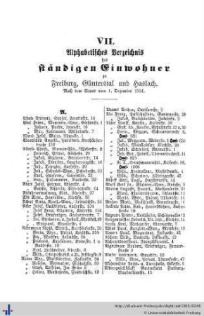 Alphabetisches Verzeichnis der ständigen Einwohner.