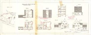 Fischer, Theodor; Icking - Schlederloh (Isartal); Landhaus Theodor Fischer - Lageplan, Grundriss UG, Grundriss EG, Grundriss OG, Grundriss DG; Ost, - West u. Südseite (Ansichten); Schnitt