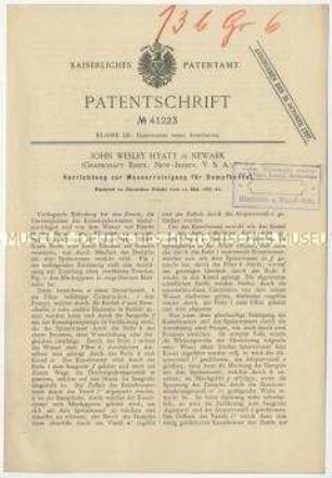 Patentschrift einer Vorrichtung zur Wasserreinigung für Dampfkessel, Patent-Nr. 41223