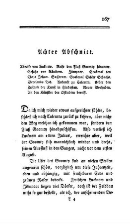 Achter Abschnitt - Abreise von Lucknow. Reise den Fluß Goomty hinunter. Gefahr vor Räubern. Jionpoor. Grabmal des Chaja Jehan. Sasseram. Grabmal Schier Schachs. Clevelands Tod. Ankunft zu Calcutta. Ueber den