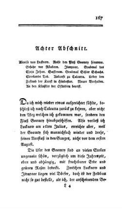 Achter Abschnitt - Abreise von Lucknow. Reise den Fluß Goomty hinunter. Gefahr vor Räubern. Jionpoor. Grabmal des Chaja Jehan. Sasseram. Grabmal Schier Schachs. Clevelands Tod. Ankunft zu Calcutta. Ueber den