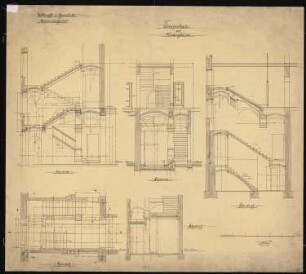 Wohnhaus mit Volkskaffeehaus Chausseestraße, Berlin: Grundriss und Schnitte des Haupttreppenhauses 1:25