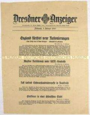 Nachrichtenblatt "Dresdner Anzeiger" u.a. zum Unterseebootkrieg und den wirtschaftlichen Folgen Großbritanniens