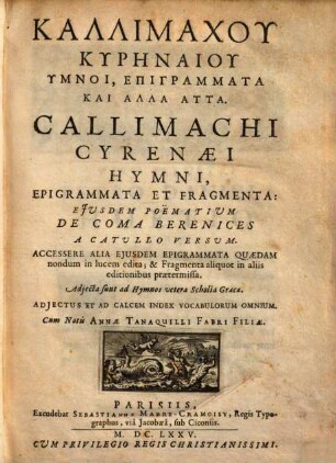Kallimachu Kyrenaiu Hymnoi, Epigrammata Kai Alla Hatta : = Callimachi Cyrenaei Hymni, Epigrammata Et Fragmenta