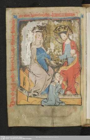 89v: Deckfarbenminiatur: Krönung Klaras durch Christus und Maria