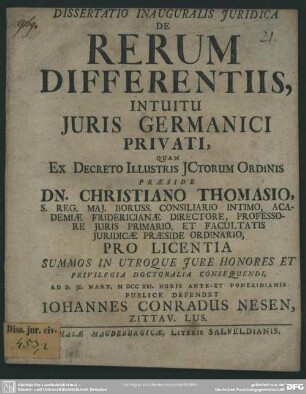 Dissertatio Inauguralis Juridica De Rerum Differentiis, Intuitu Juris Germanici Privati