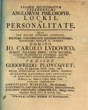 Examen meletematum celeberrimi Anglorum philosophi Lockii, de personalitate