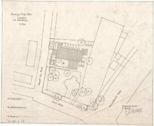 Gsaenger, Gustav; München - Solln; Ev. Apostel Kirche, Pfarrhaus und Jugendheim - Lageplan m. Parkplätzen