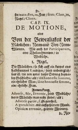 Cap. IX. De Motione, oder Von der Beweglichkeit der Mänlichen; Nenn- und Vor-Nenn-Wörtern.