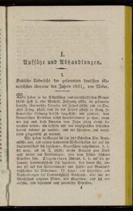 I. Kritische Uebersicht der gesammten deutschen ökonomischen Literatur des Jahres 1831
