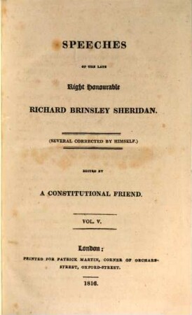 Speeches of the late Right Honourable Richard Brinsley Sheridan, 5