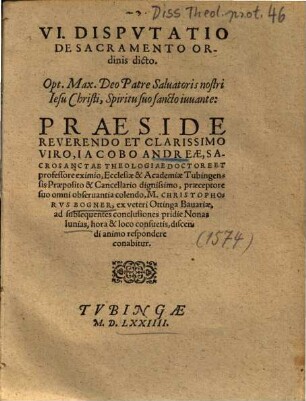 VI. Disputatio de sacramento ordinis dicto