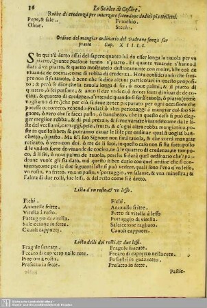 Ordine del mangiar ordinario del padrone senza far piatto. Cap. XIIII