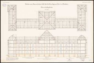 Artilleriekaserne II/27, Wiesbaden: Mannschaftsgebäude: Grundriss Sparrenlage, Längsschnitt 1:100