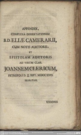 Appendix, Complexa Dissertationem B.D. Eliae Camerarii, Cum Notis Auctoris; Et Epistolam Auctoris ad Virum Clar. Joannem Clericum, ...