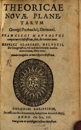Theoricae Novæ Planetarvm Georgij Purbachij, Germani