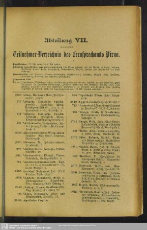 Abteilung VII. Teilnehmer-Verzeichnis des Fernsprechamts Pirna
