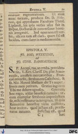 V. Jo. Rod. Wetstenii ad Jo. Conr. Danhauerum - VI. Ejusdem ad Eund.