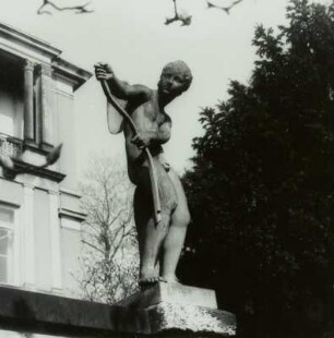 Bogenspannender Amor : Bogenspannender Amor. Zinkguß; H. ca. 1,30 m. wohl um 1855. Dresden-Loschwitz, Schillerstraße 12, Garten der Villa Thorwald
