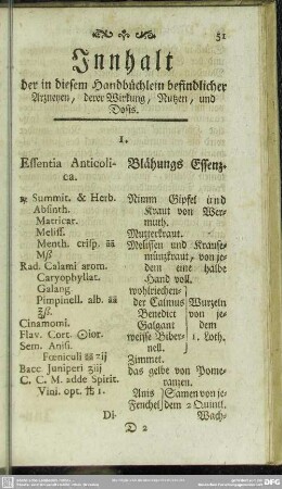 Innhalt der in diesem Handbüchlein befindlicher Arzneyen, derer Wirkung, Nutzen, und Dosis